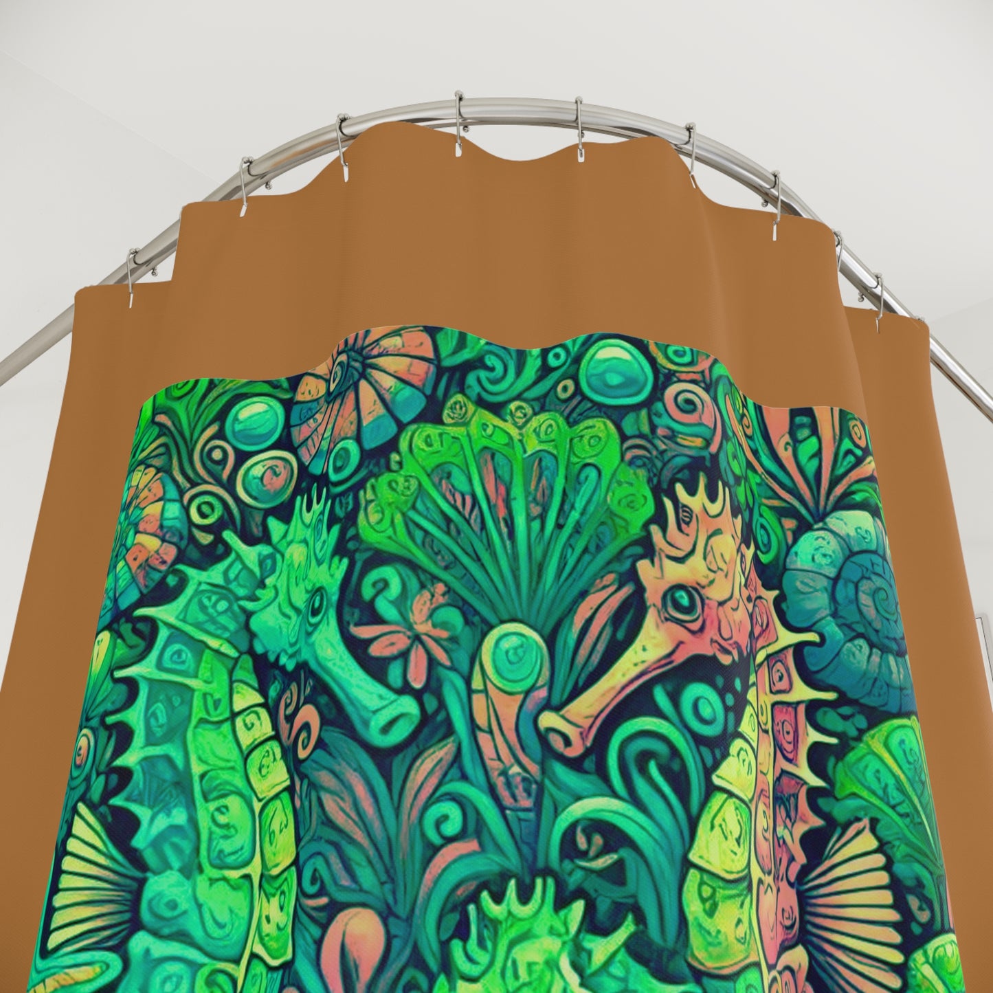 Tropical Shower Curtain - Ocean Bathroom Decor / Seahorse Trio Hot Lime/Light Brown