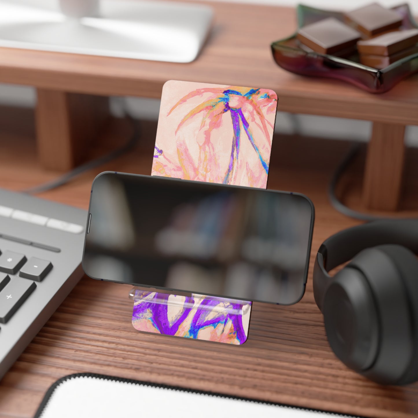 Stylish Smartphone Display Stand with Iconic Artwork - Tropical Doodles/Peach