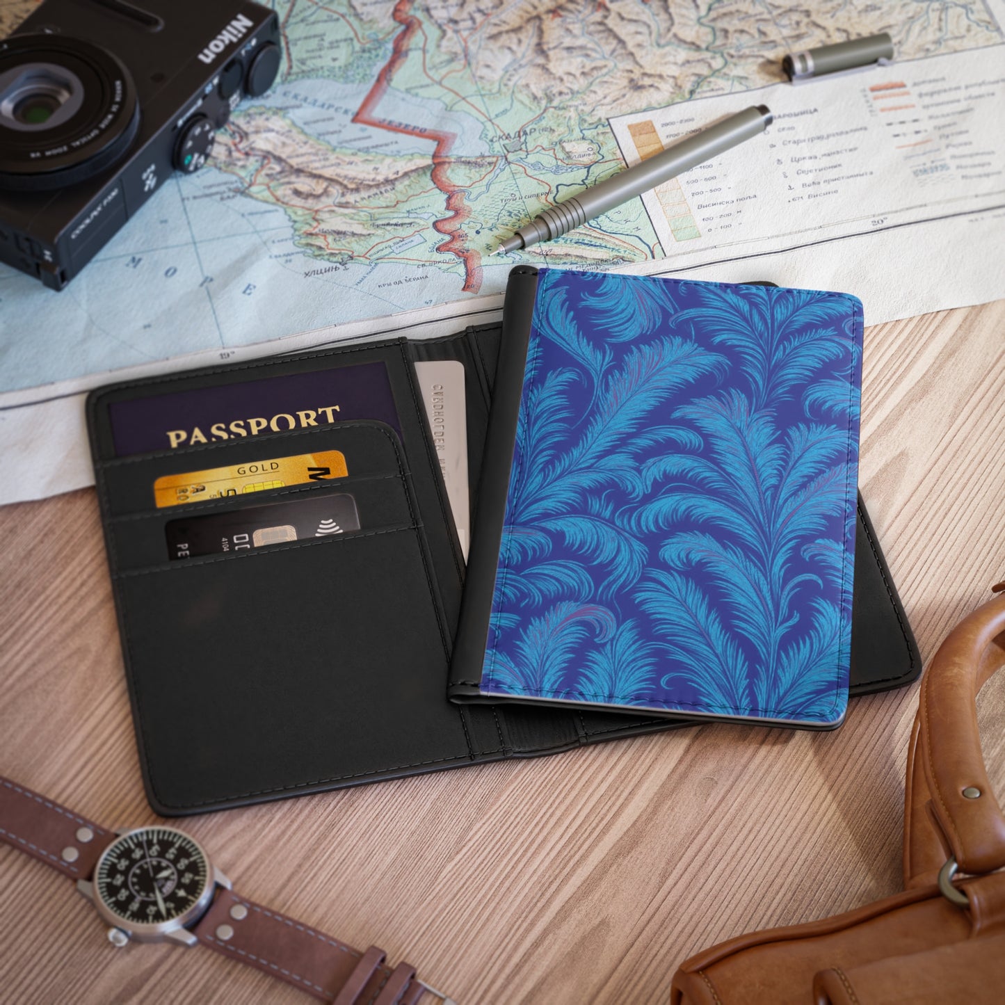 Tropical Passport Cover, Faux Leather - RFID blocking for travel security / Palms Rocco, Blue