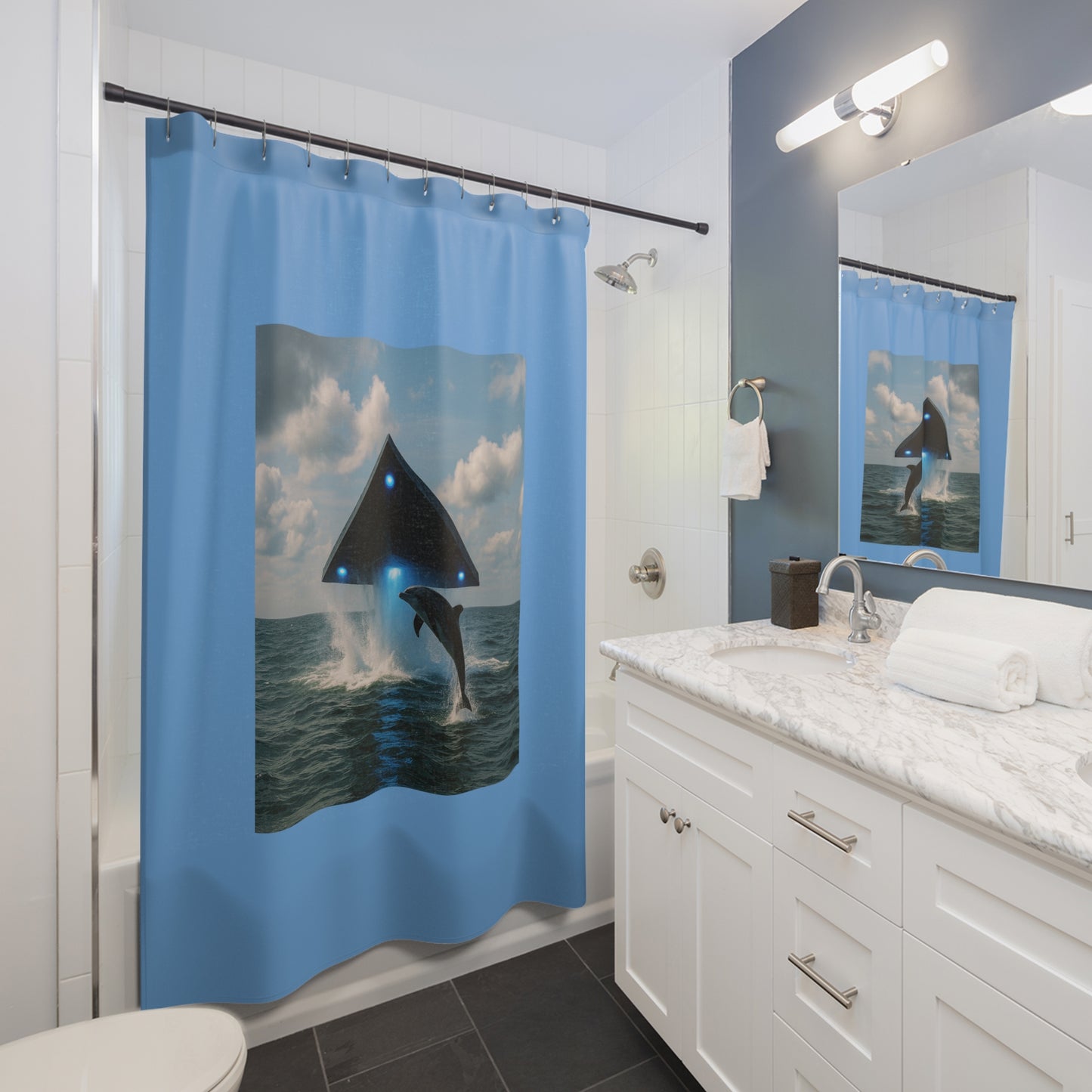 Tropical Shower Curtain - UFO and Dolphin, Lt. Blue / Ocean Decor