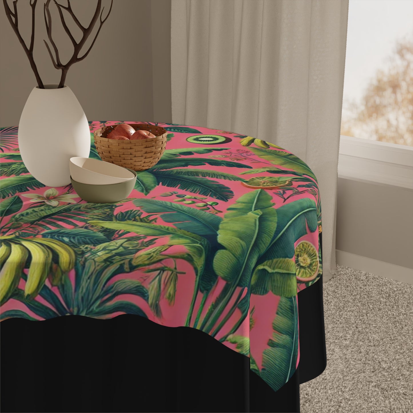 Tropical Fruits Pink/Black ~ Square Tablecloth, 55" x 55"