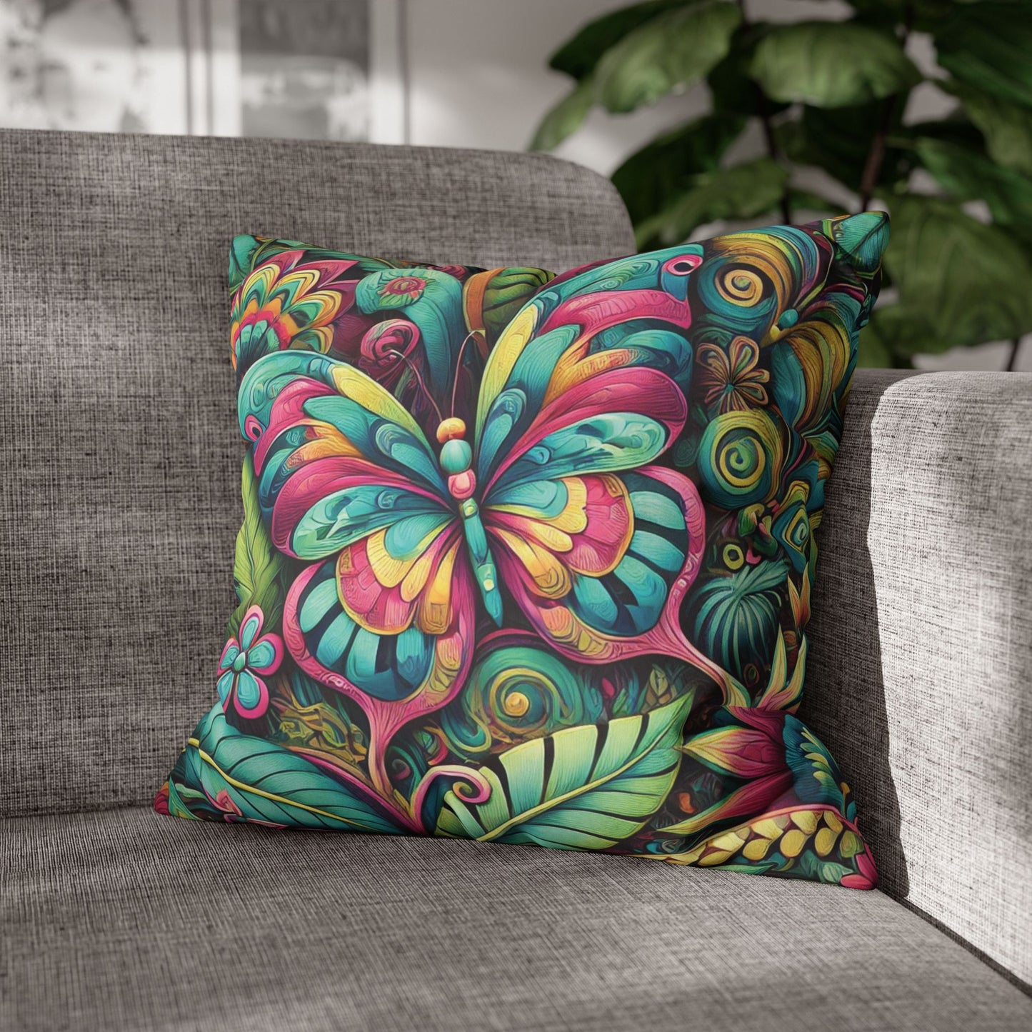 Faux Suede Square Pillowcase - Rainforest Butterfly Pop