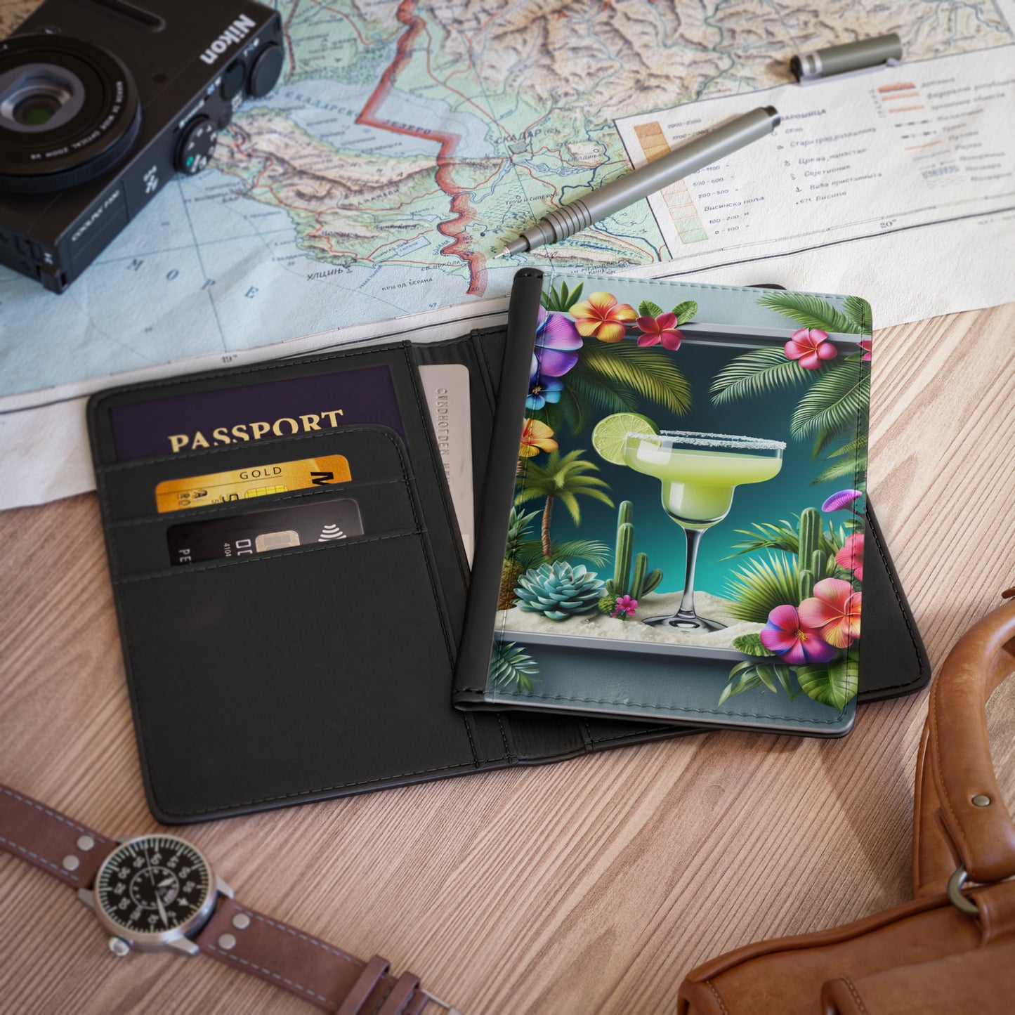 Tropical Passport Cover, Faux Leather - RFID blocking for travel security / Tropical Margarita