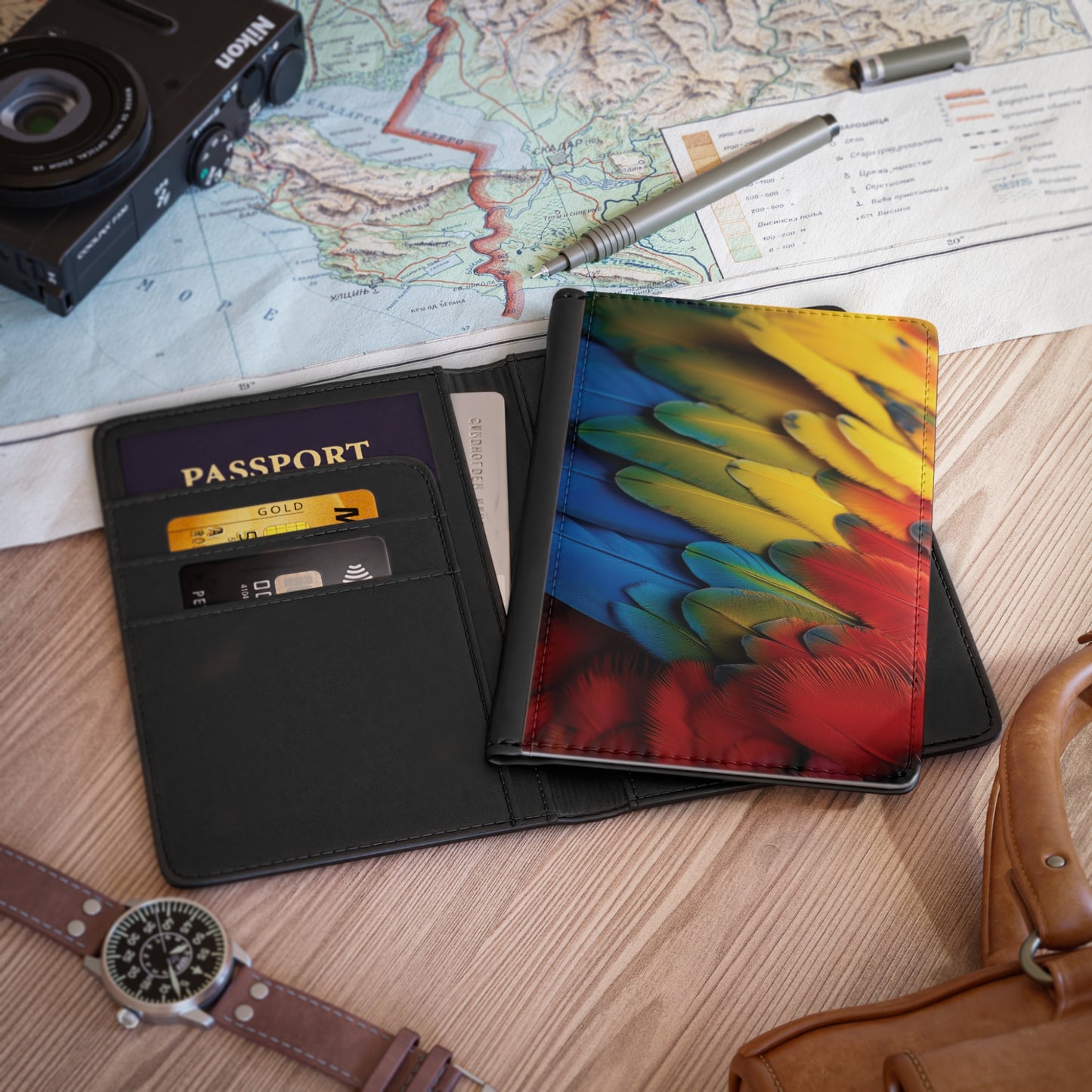 Tropical Passport Cover, Faux Leather - RFID blocking for travel security / Rainforest Macaw Feathers