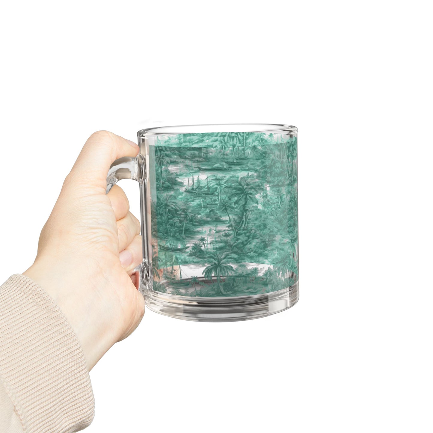 Tropical Glass Mug - 10oz Coffee Cup / Tropical Toile, Evergreen