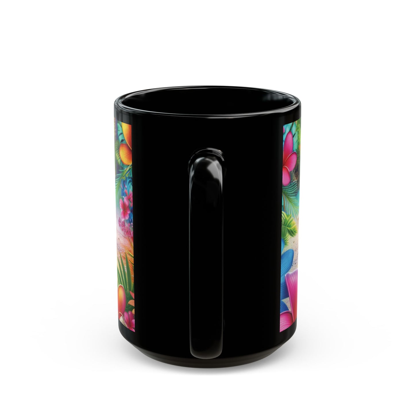 Black Coffee Mug - Puppies Playing Frisbee on Beach