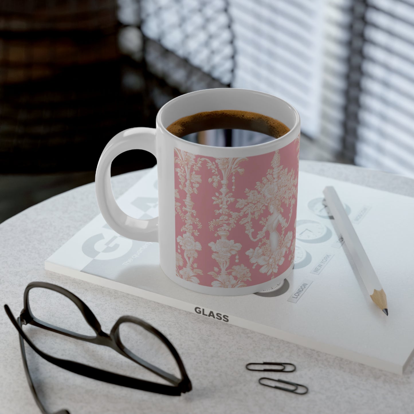 Jumbo Mug, 20oz, Pearl Lady Toile, Hibiscus Pink | Tropical Coffee Cup