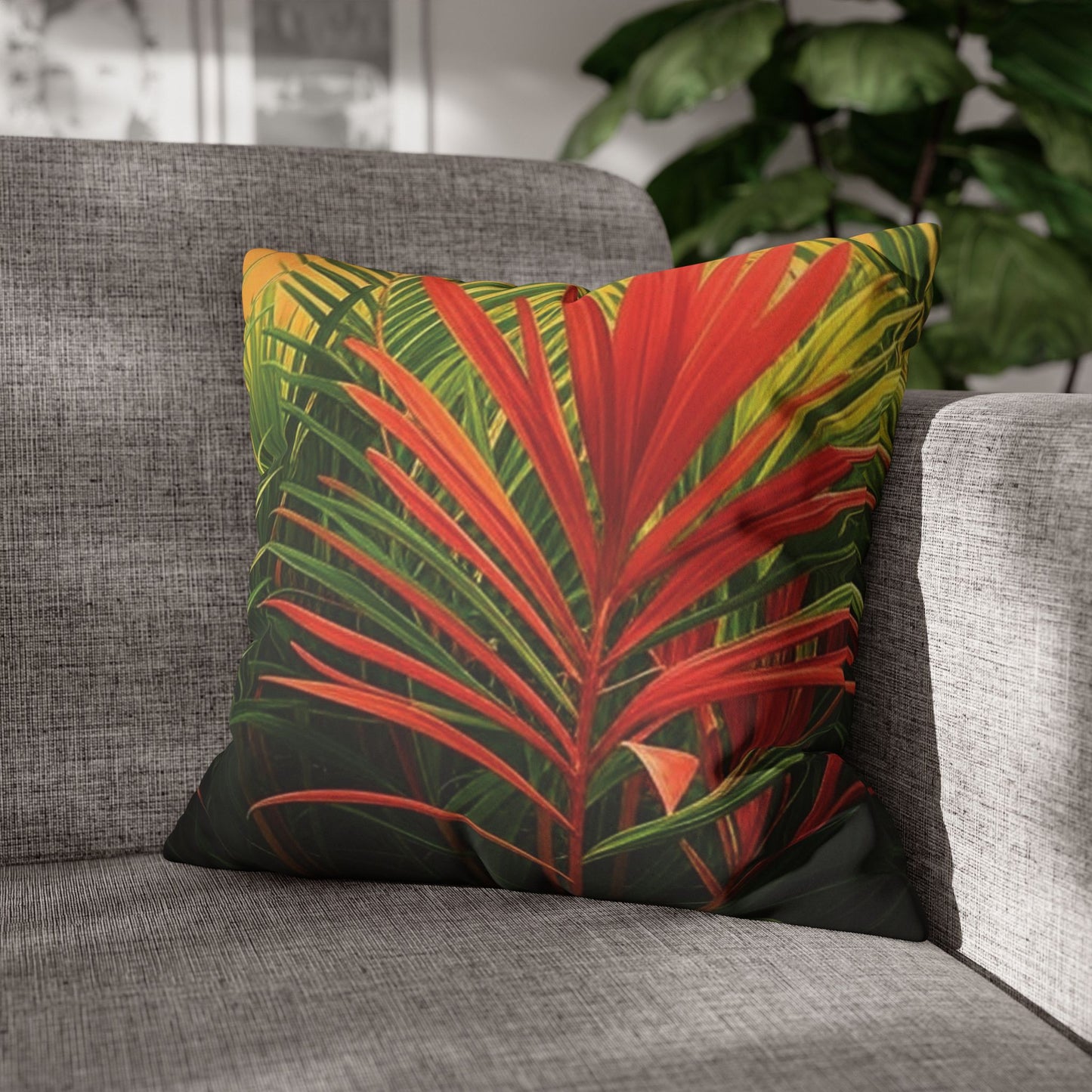 Faux Suede Square Pillowcase - Red Flame Palms