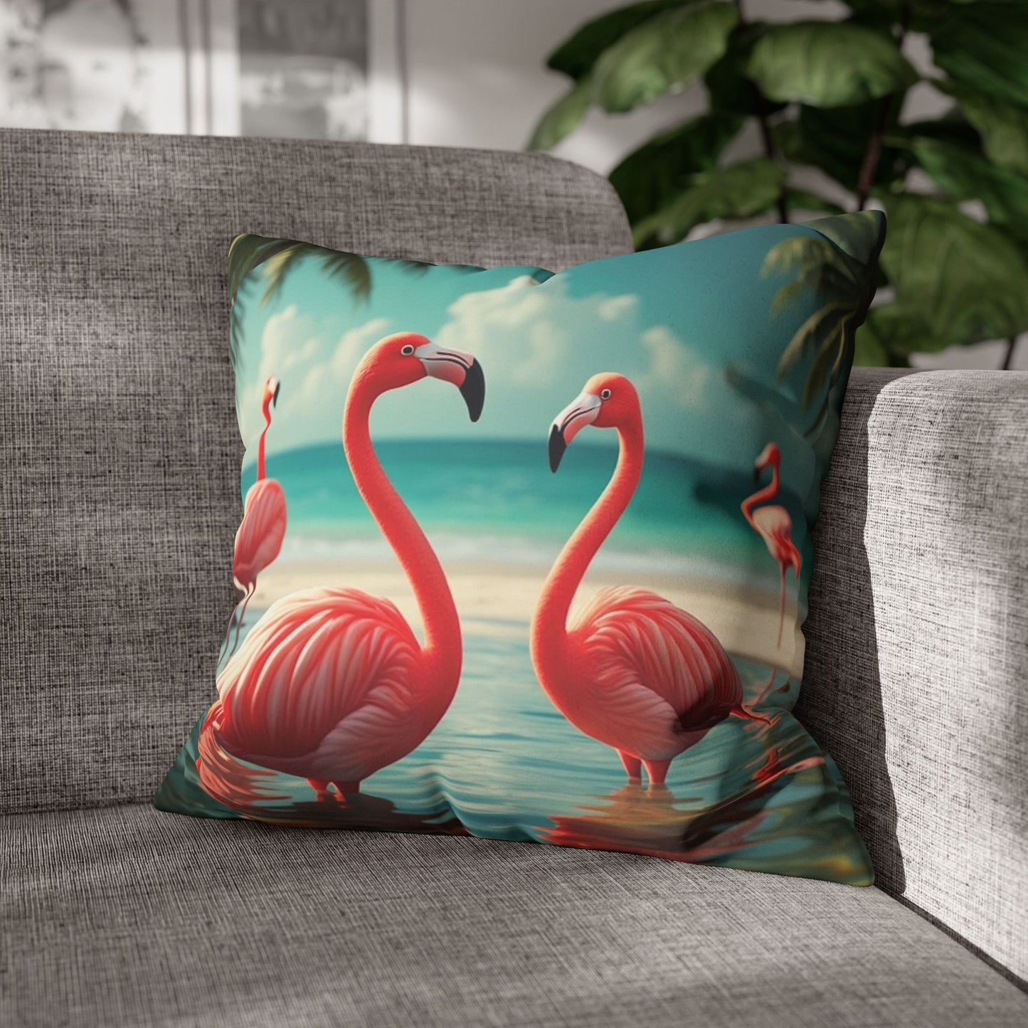 Faux Suede Square Pillowcase - Morning Dip Flamingos