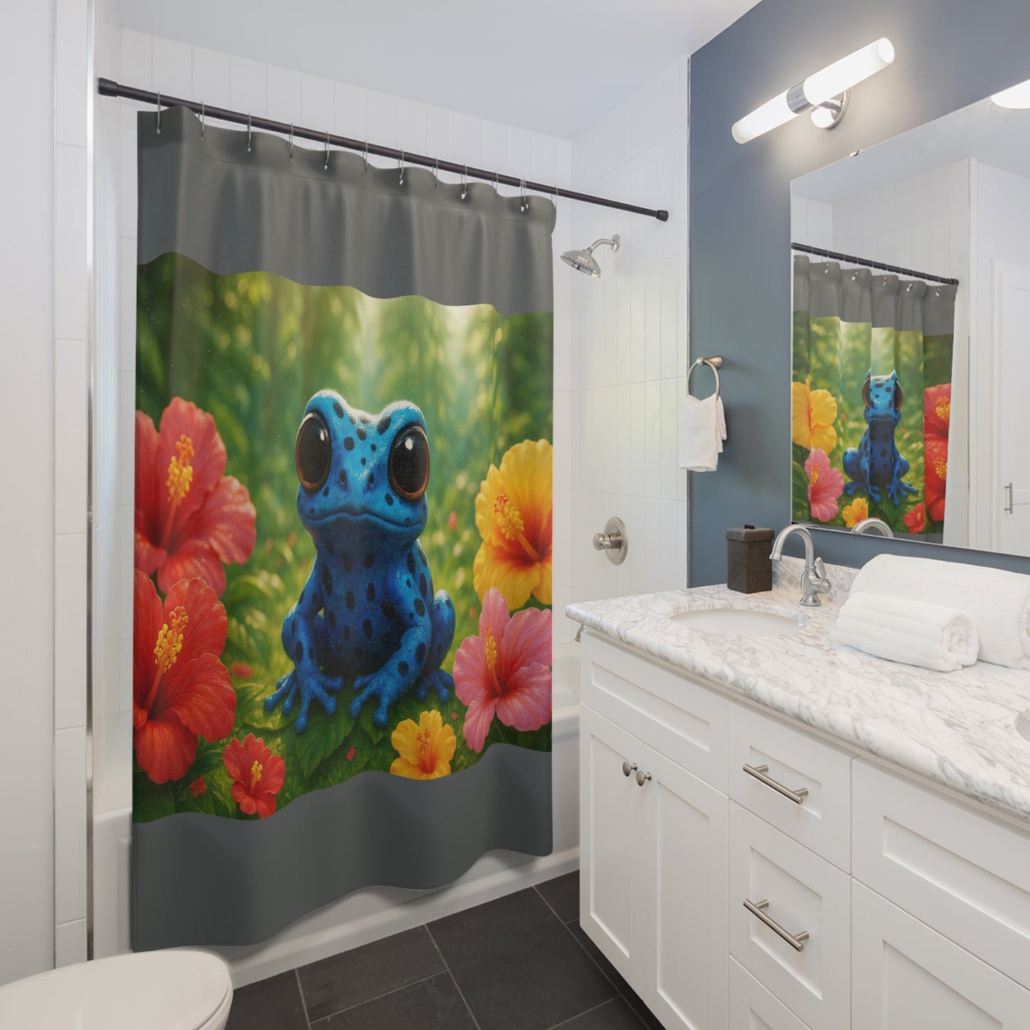 Tropical Shower Curtain - Rainforest Bathroom Decor / Baby Tree Frog/Dark Grey