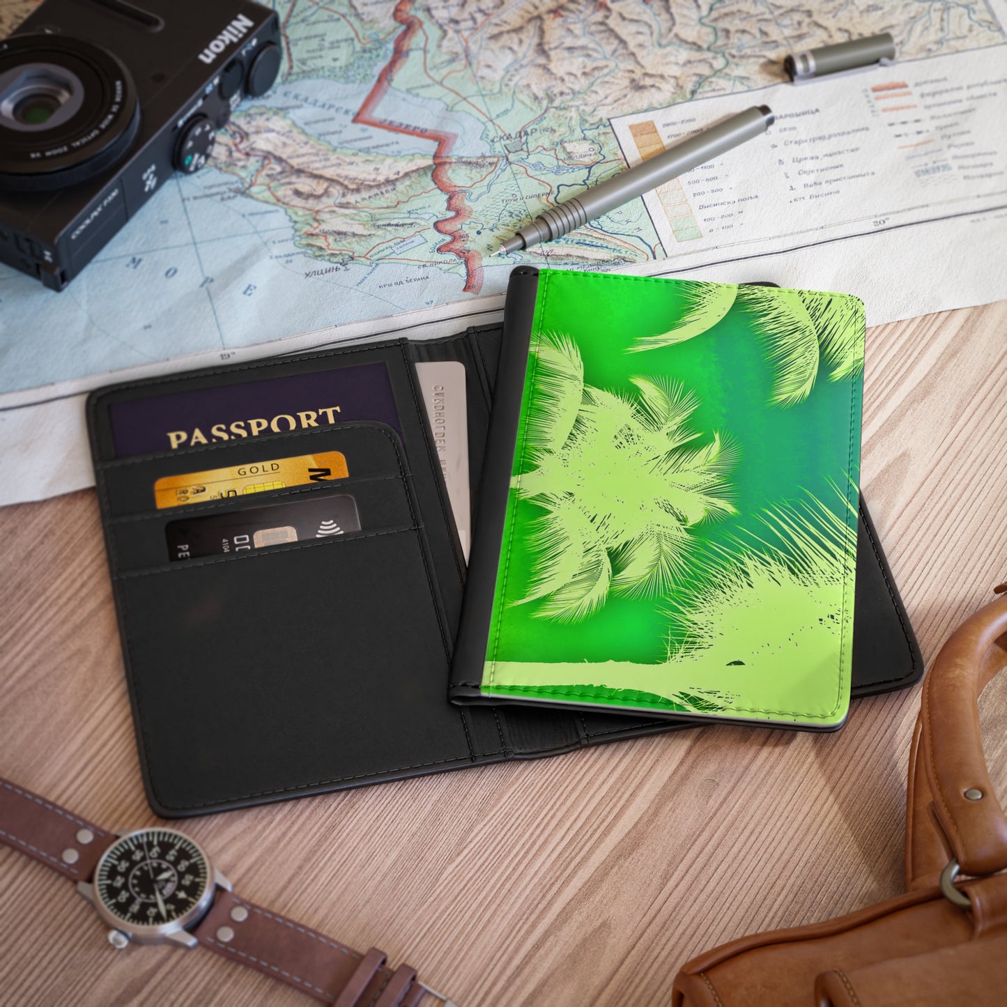 Tropical Passport Cover, Faux Leather - RFID blocking for travel security / Palm Glow Green