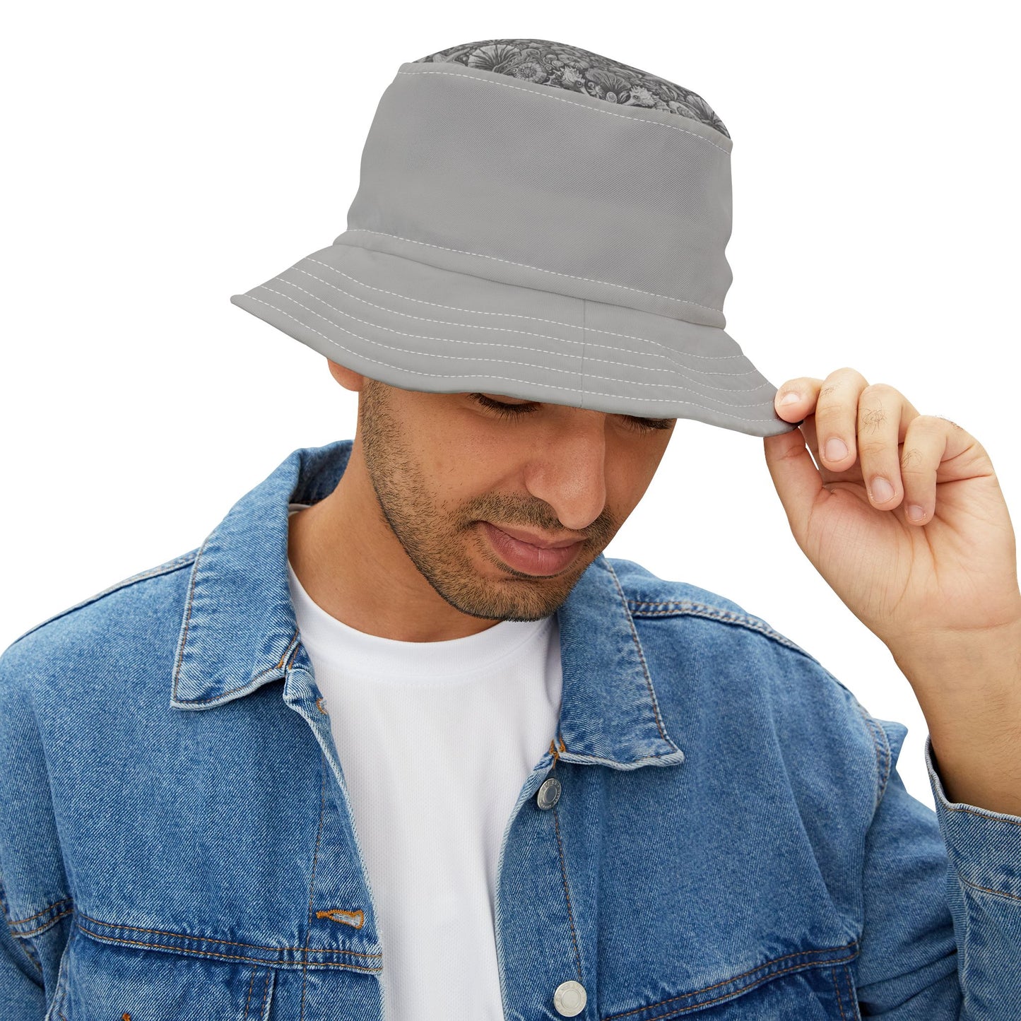 Tropical Polyester Bucket Hat, 2 Sizes - Seashorses Noir/Lt. Grey