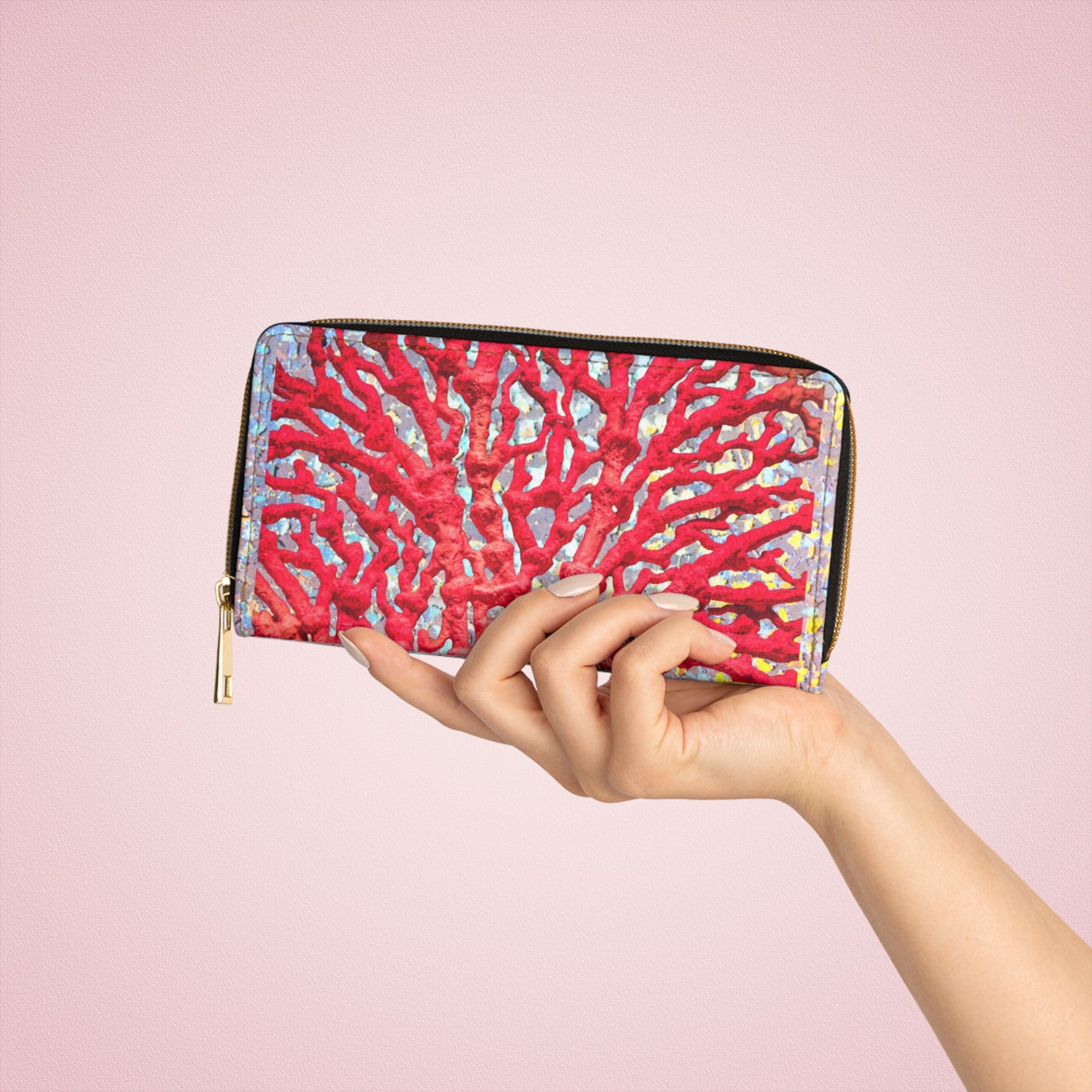 Tropical Zipper Wallet, Faux Leather / Vibrant Clutch / Disco Red Coral