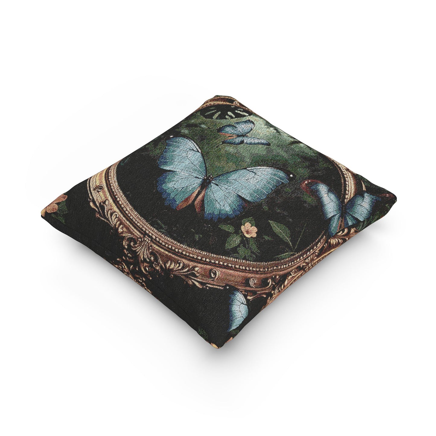 Woven Pillow, 17"W x 18"L - Framed Morpho Butterfly Dancers