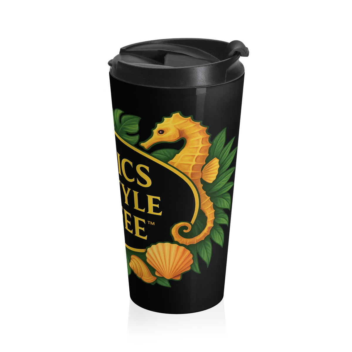 15 oz. Stainless Steel Travel Mug / TLCoffee Seahorse Logo, Black