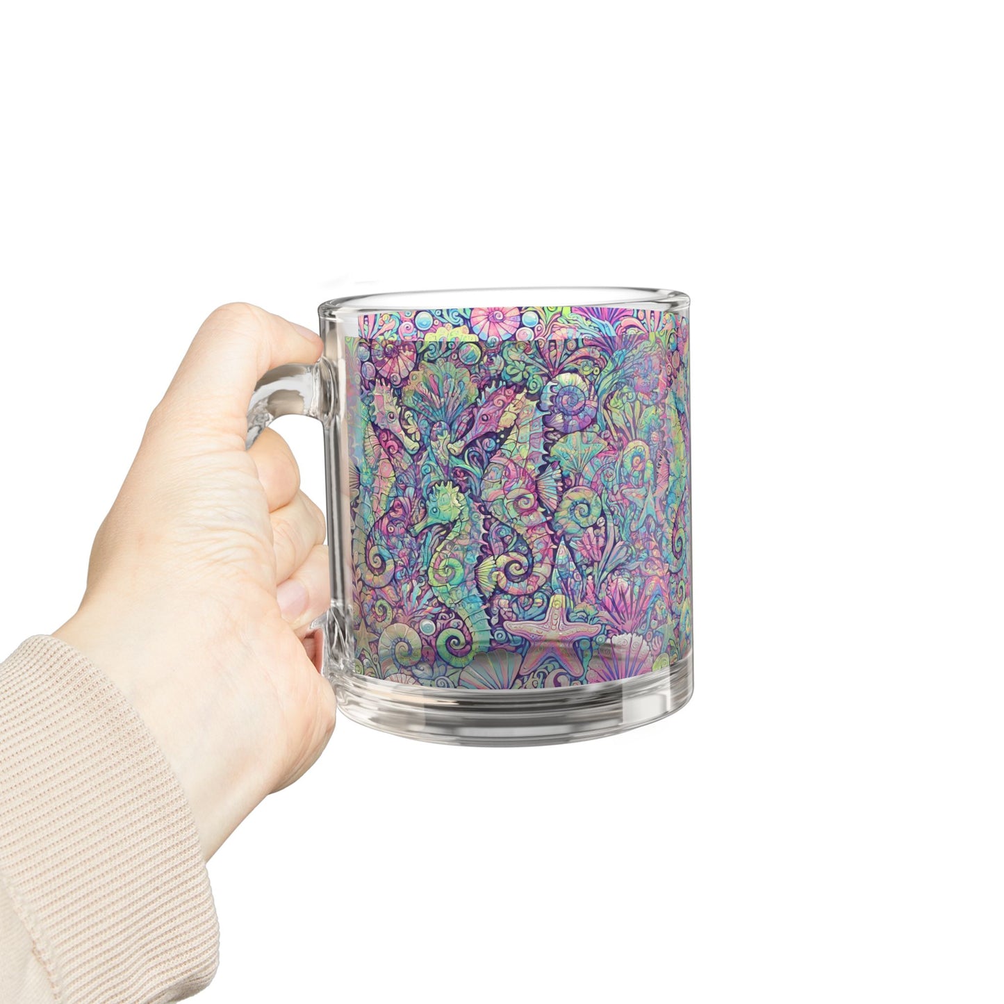 Tropical Glass Mug - 10oz Coffee Cup / Seahorse Trio