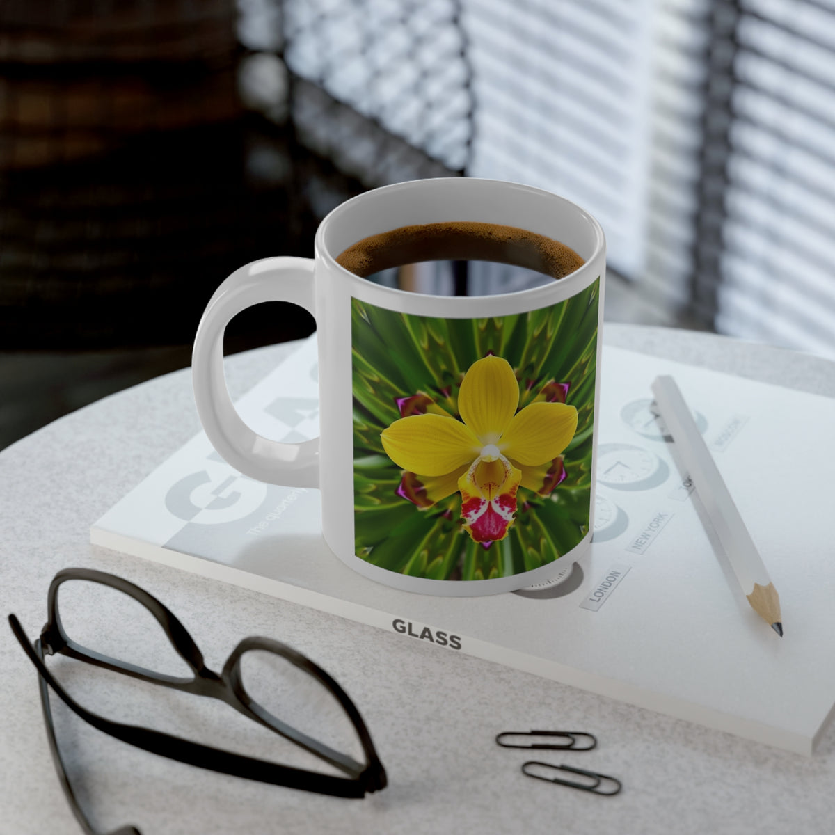 Jumbo Mug, 20oz, Yellow Orchid Kaleidoscope | Tropical Coffee Cup