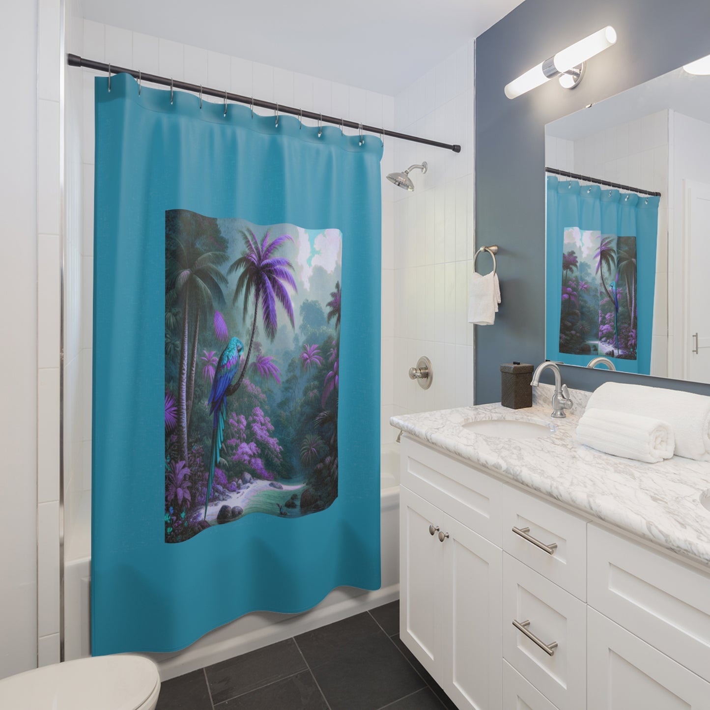 Tropical Shower Curtain - Rainforest Bathroom Decor / Sleeping Beauty Parrot Fantasy, Turquoise