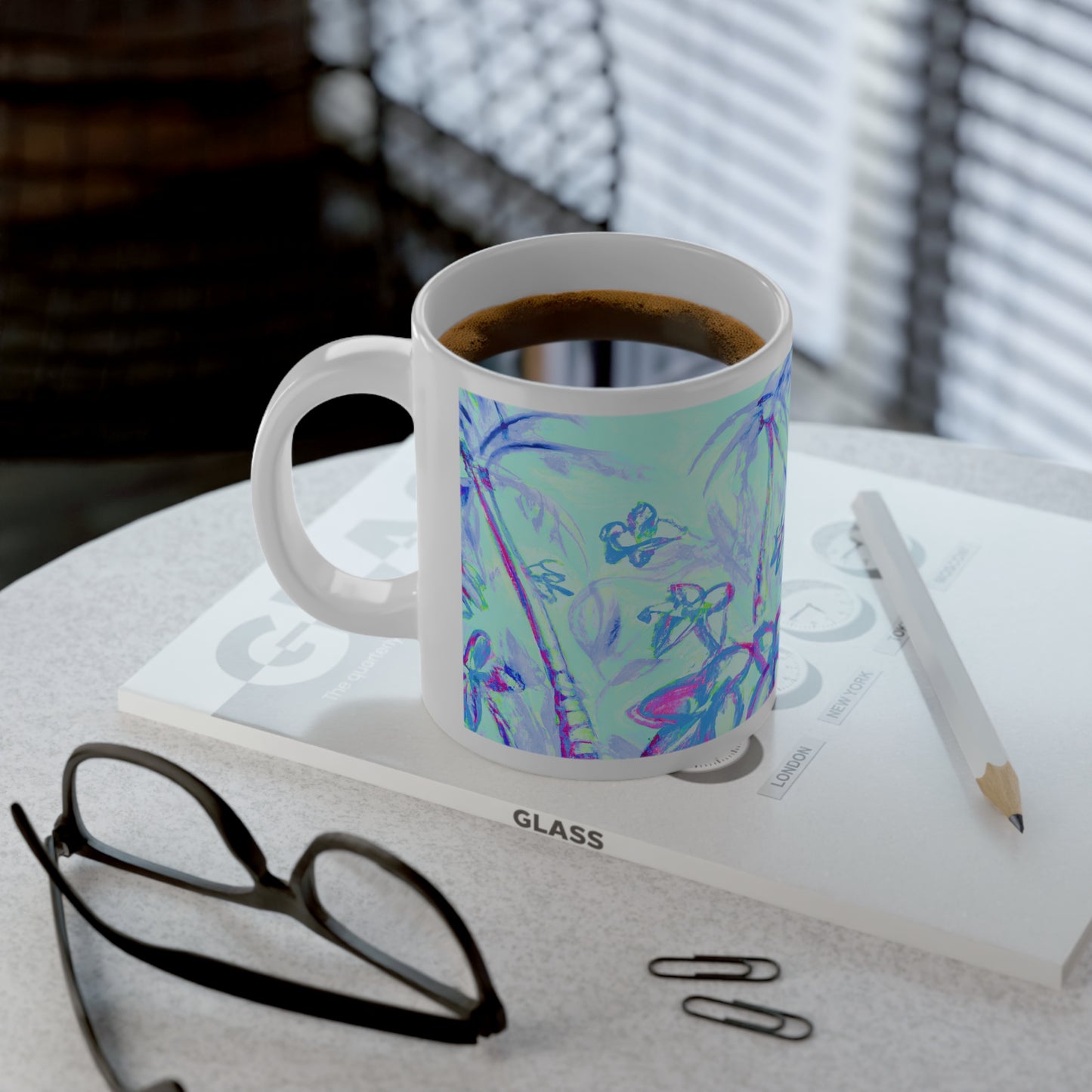 Jumbo Mug, 20oz, Tropical Doodles, Blue | Tropical Coffee Cup