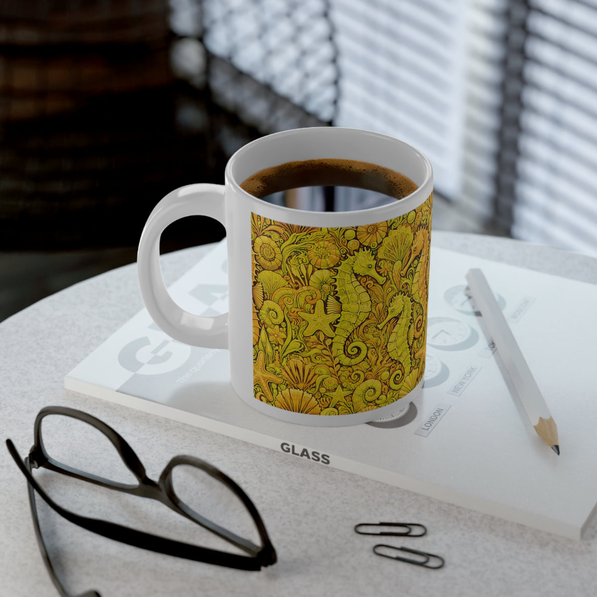 Jumbo Mug, 20oz, Yellow Seahorses | Tropical Coffee Cup