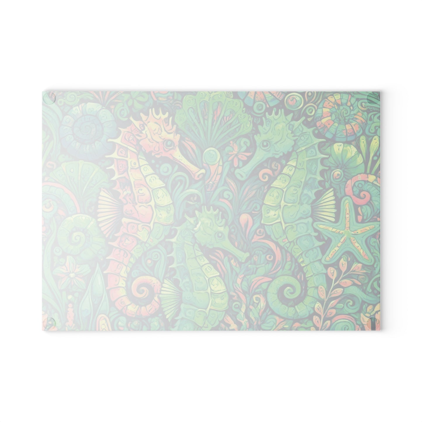 Glass Cutting Board, 2 sizes - Seahorses, Lime