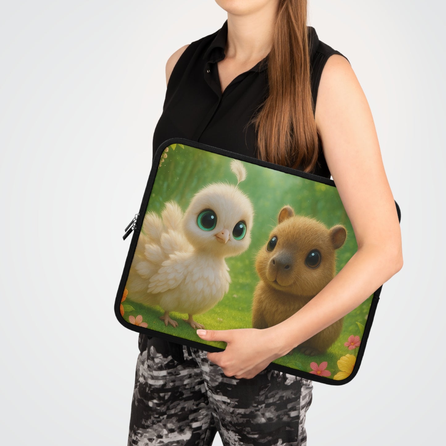 Tropical Laptop Sleeve, 5 Sizes - Perfect for Beach Lovers & Students / Baby White Peacock and Baby Capybara