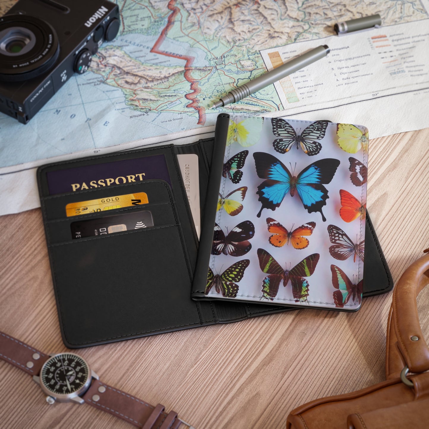Tropical Passport Cover, Faux Leather - RFID blocking for travel security / Butterfly Collection