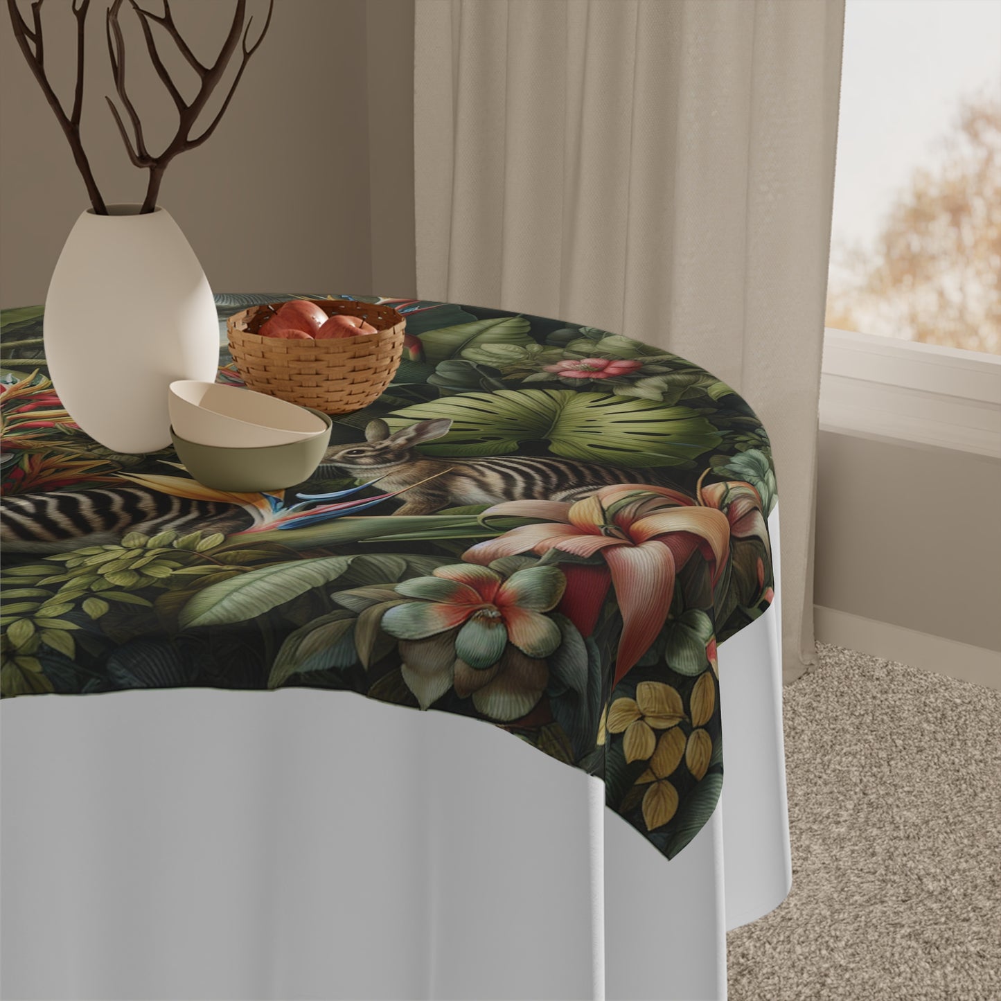 Rainforest Rabbit Outing/White Tablecloth, 55" x 55"