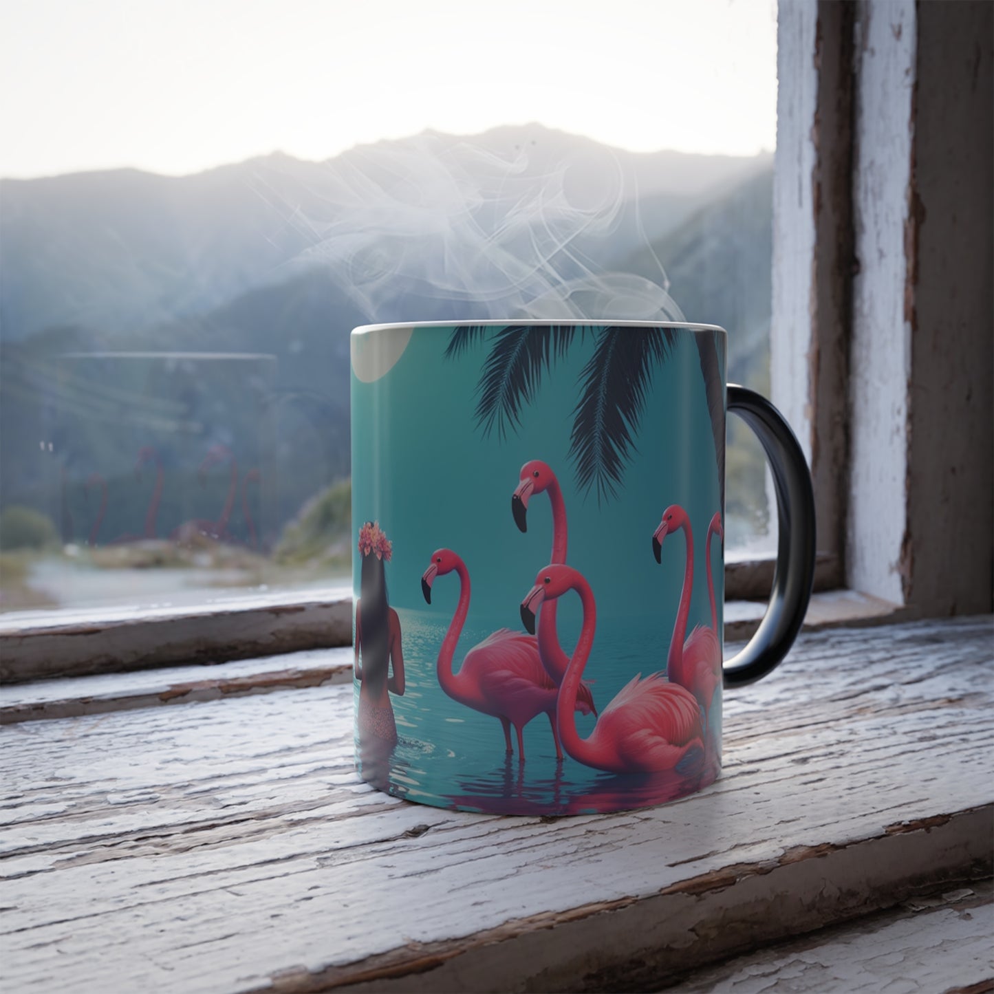 Color Morphing Mug, 11oz, Moonlit Mermaids and Flamingos