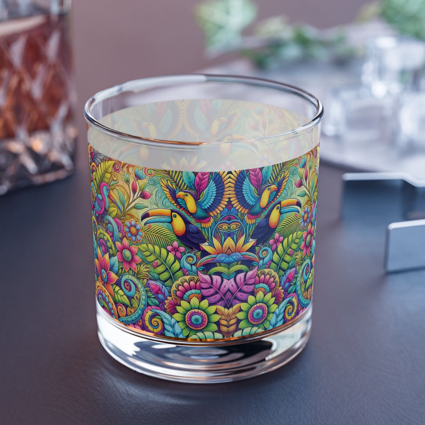 Rocks Glass, 10oz - Colorful Rainforest Parrots