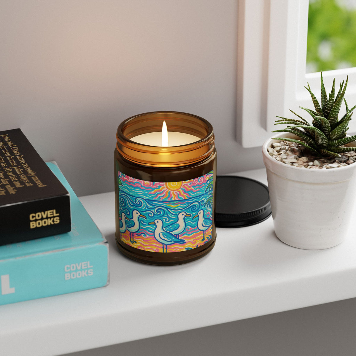 Soy Candle in Amber Jar - Multi-Size / Beach Seagulls