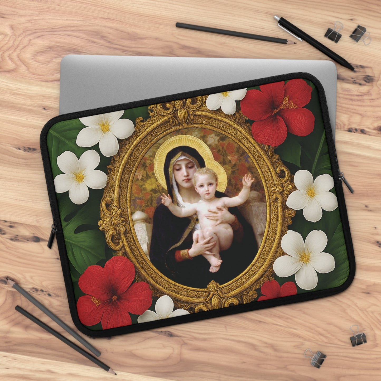 Religious Floral Laptop Computer Sleeve, Portable Tech Gift / Virgin of the Lilies