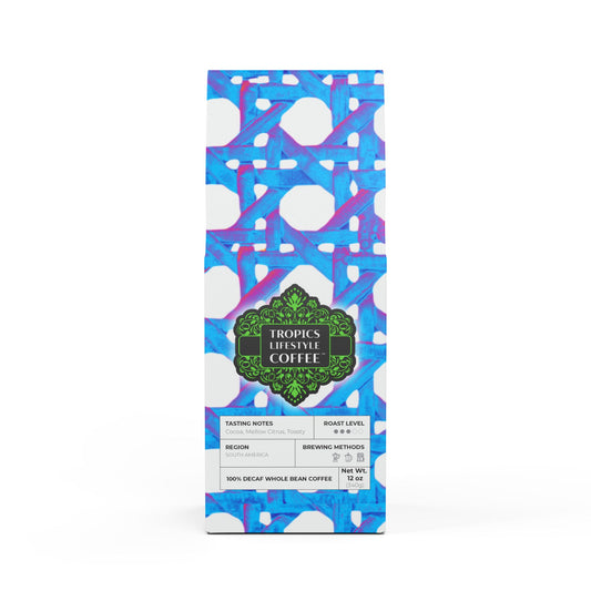 Rainforest Mist™ Single Origin DECAF (Medium Roast), Specialty Grade Craft Coffee / Chair Wicker, Turquoise