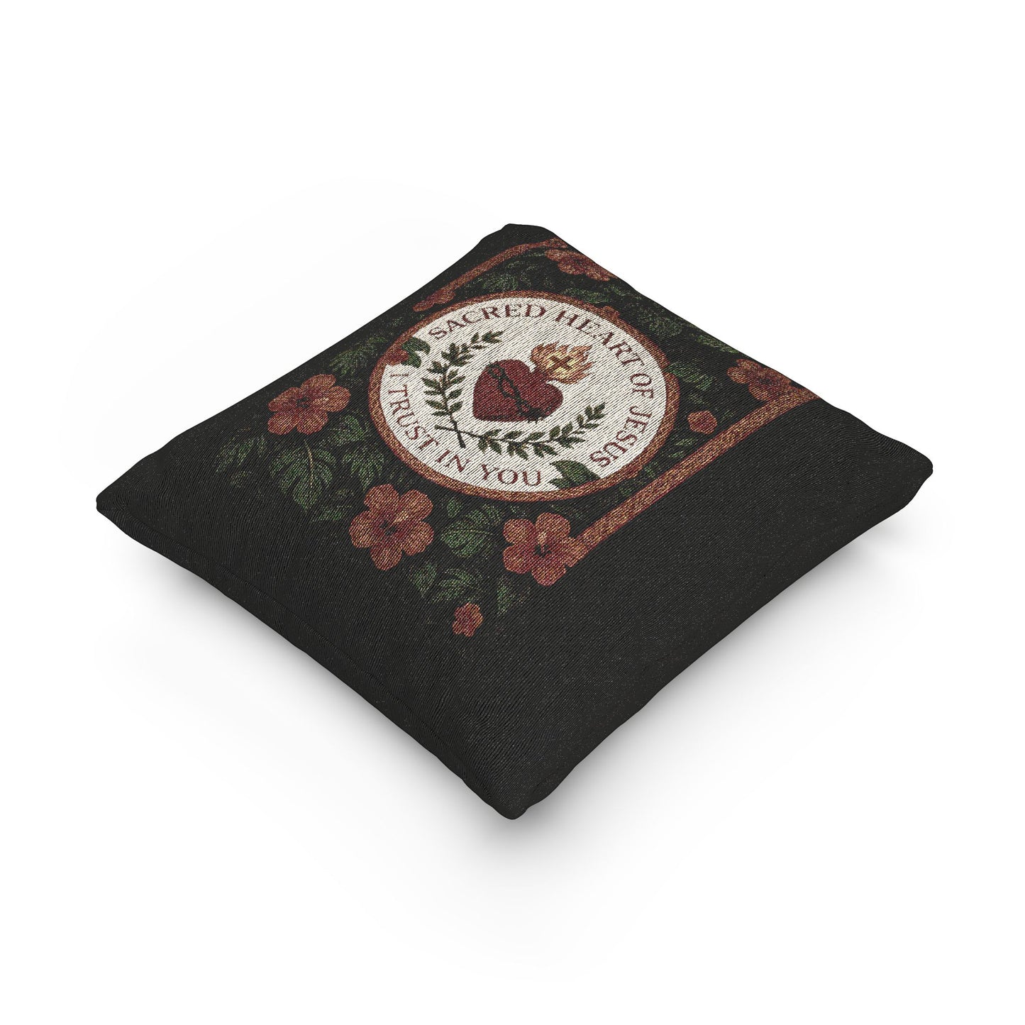 Religious Woven Pillow, 17"W x 18"L - Sacred Heart of Jesus Prayer, Black