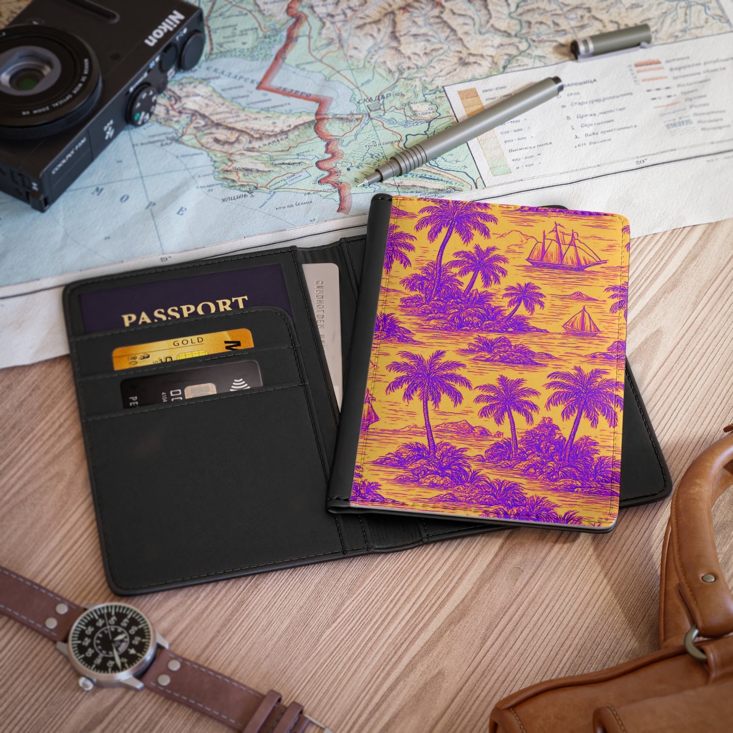 Tropical Passport Cover, Faux Leather - RFID blocking for travel security / Faraway Toile, Pop