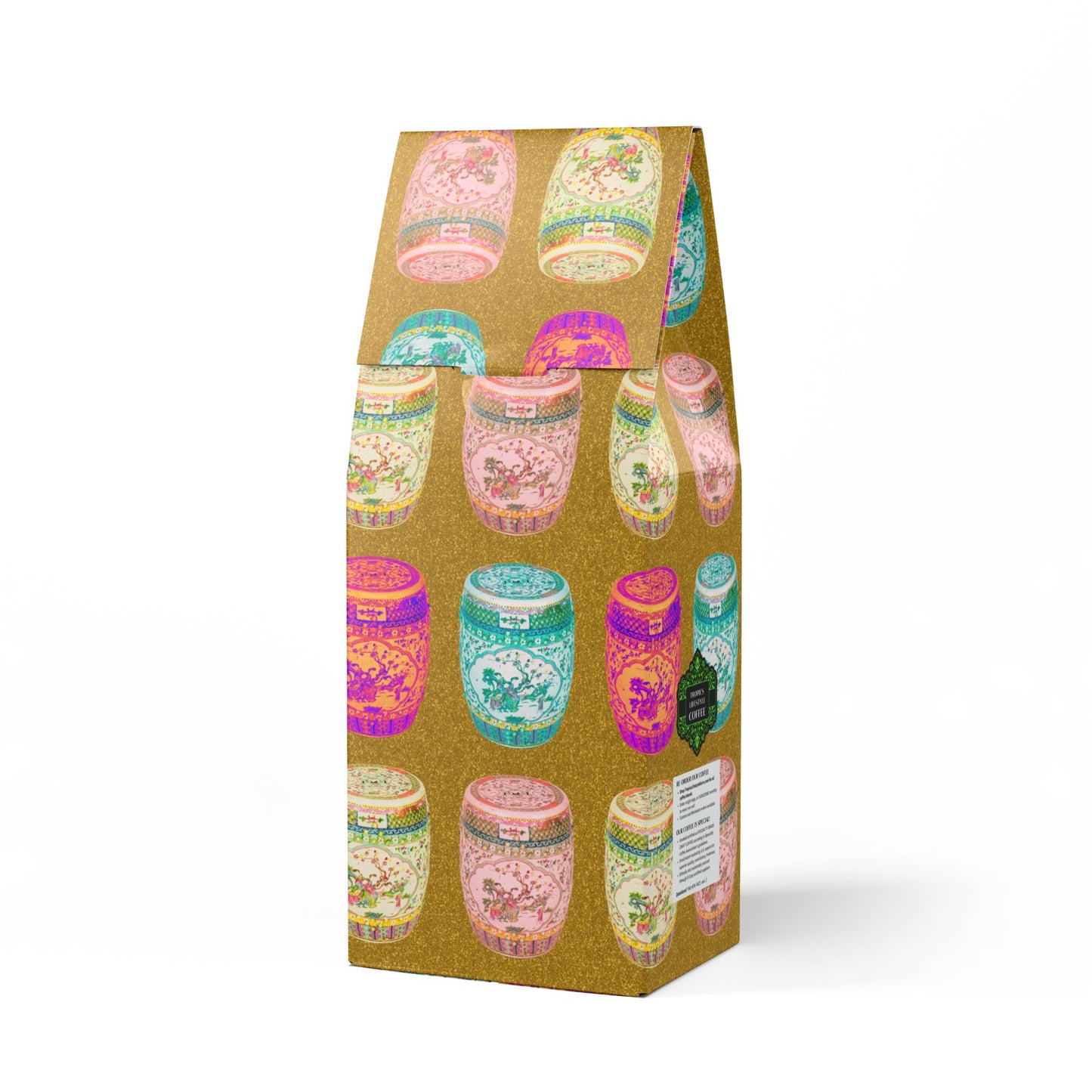 Black Coral Blend™ (Dark French Roast) Specialty Grade Craft Coffee / Tropical Garden Stools, Gold