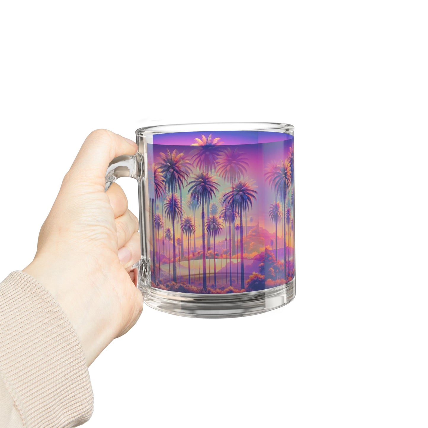 Tropical Glass Mug - 10oz Coffee Cup / Sunset Palms