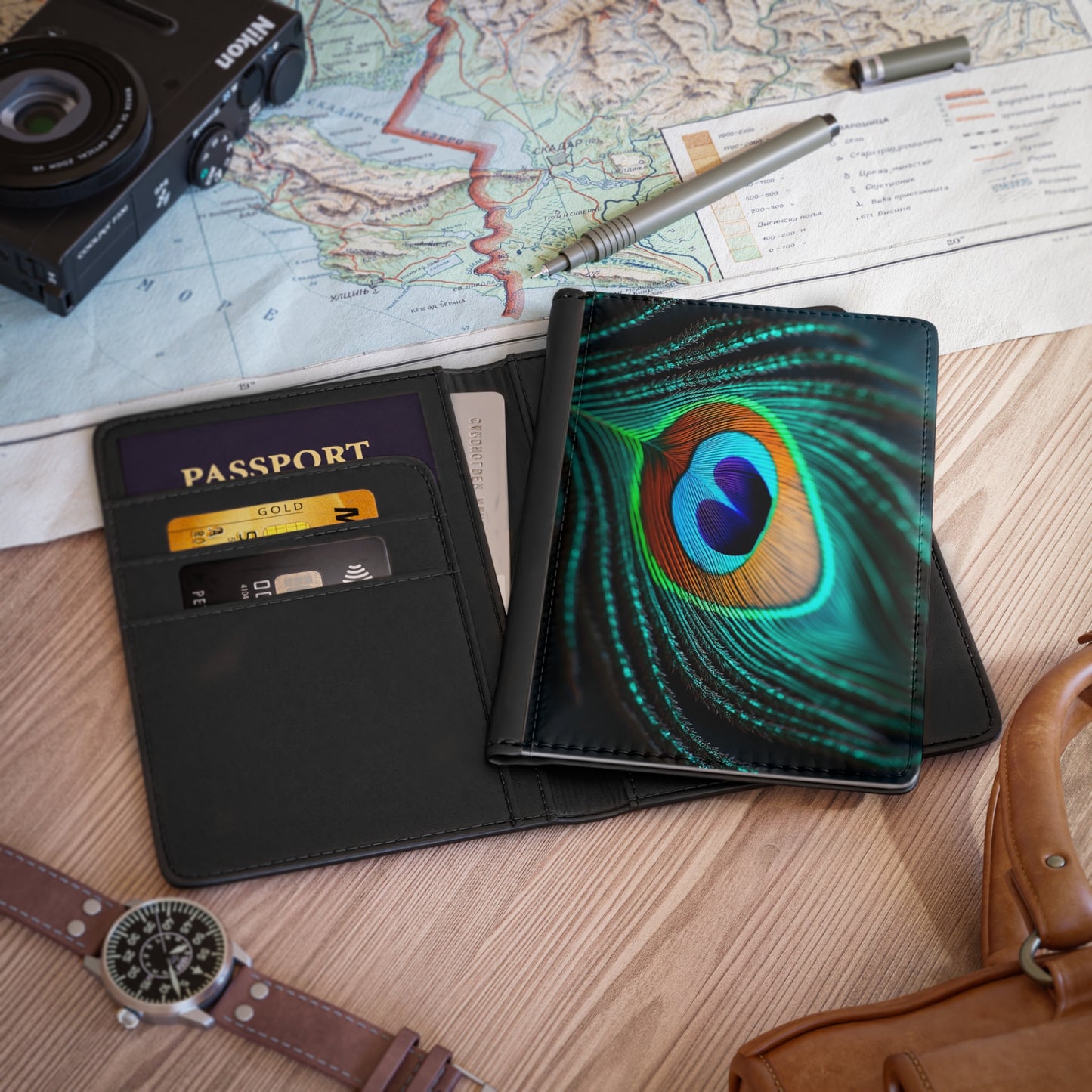 Tropical Passport Cover, Faux Leather - RFID blocking for travel security / Peacock Eye Feather, Turquoise