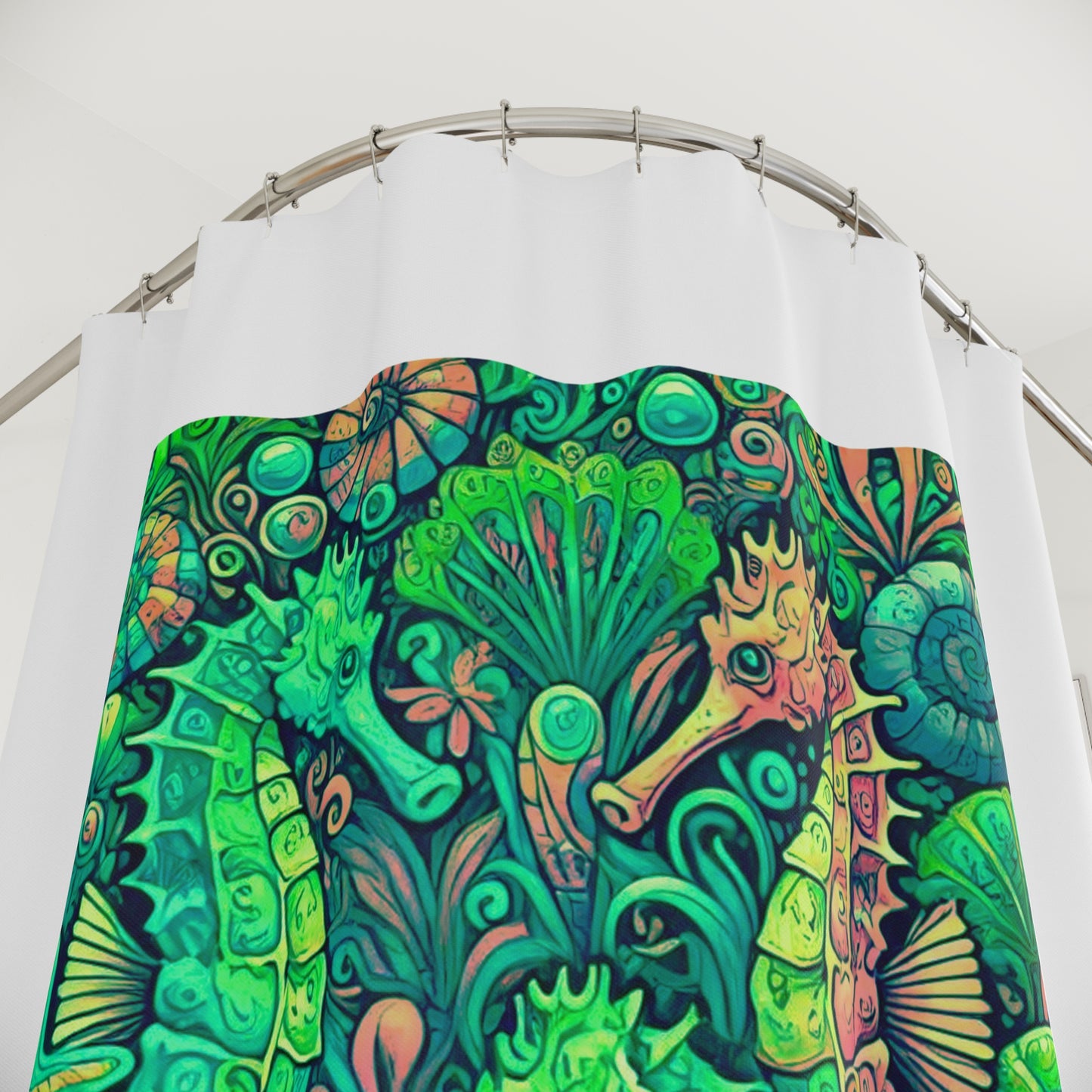 Tropical Shower Curtain - Ocean Bathroom Decor / Seahorse Trio Hot Lime/White