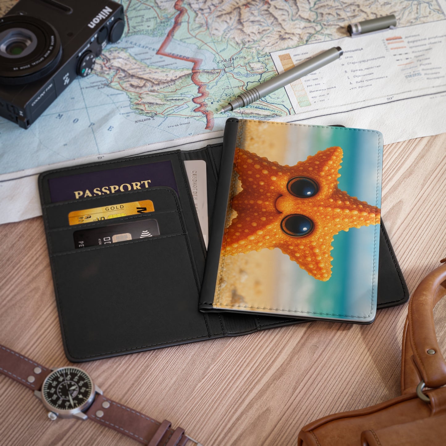 Tropical Passport Cover, Faux Leather - RFID blocking for travel security / Rainforest Baby Starfish
