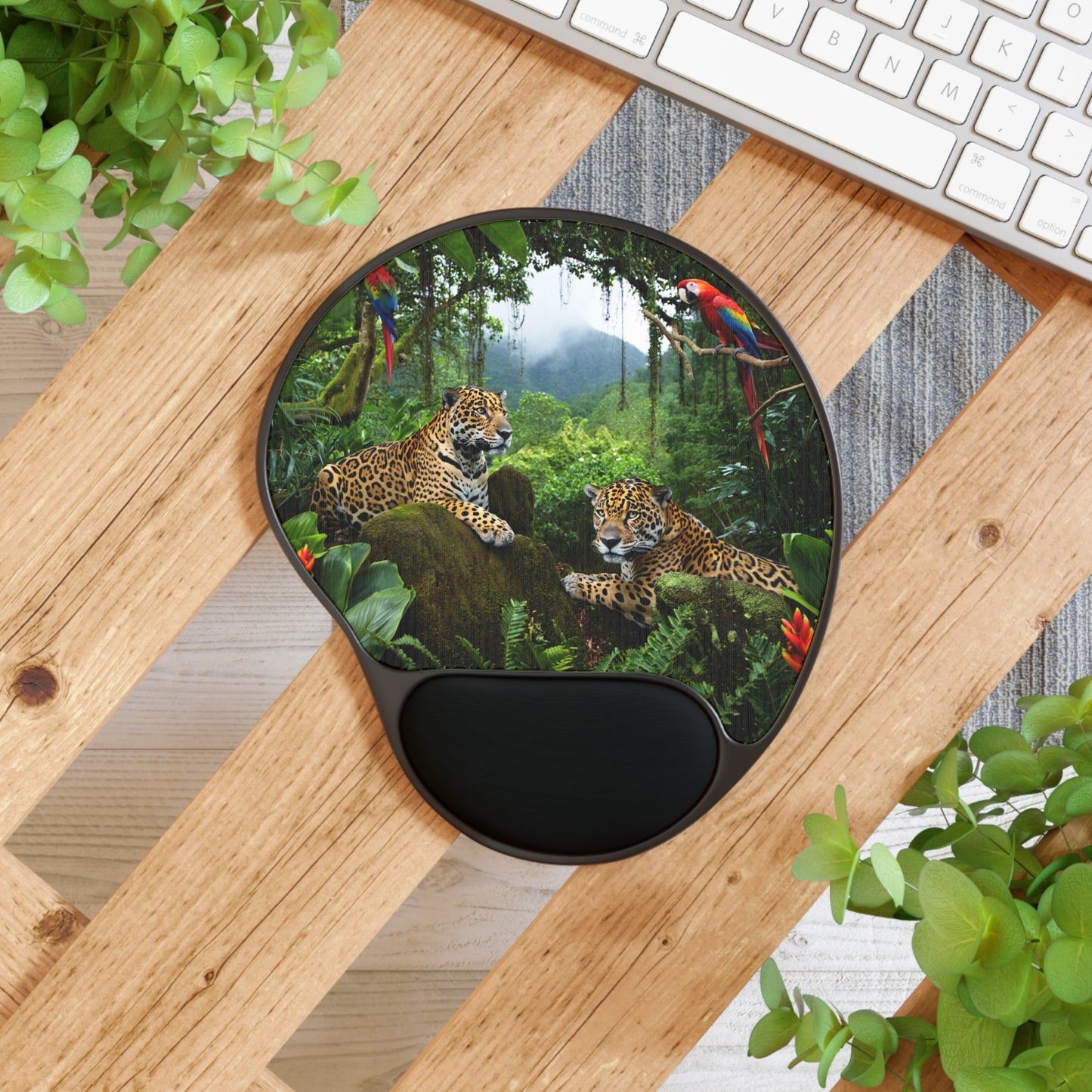 Jaguars and Parrots Tropical Mouse Pad with Wrist Rest - Ergonomic Design for Home & Office