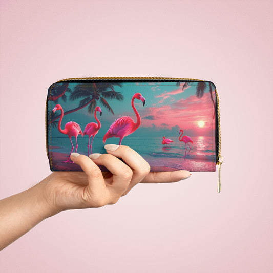 Tropical Zipper Wallet, Faux Leather / Vibrant Clutch / Neon Flamingos at Night
