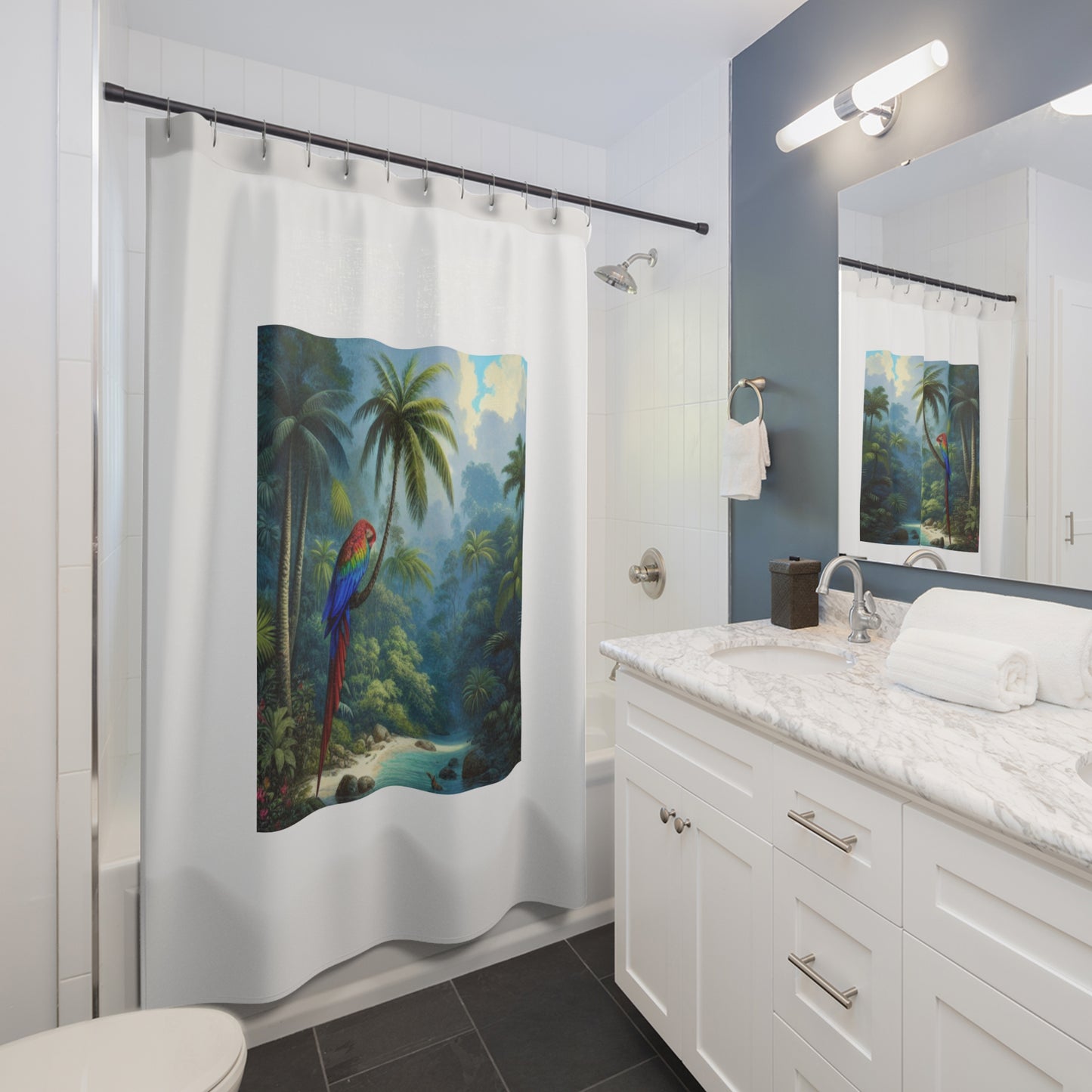 Tropical Shower Curtain - Rainforest Bathroom Decor / Sleeping Beauty Parrot, White