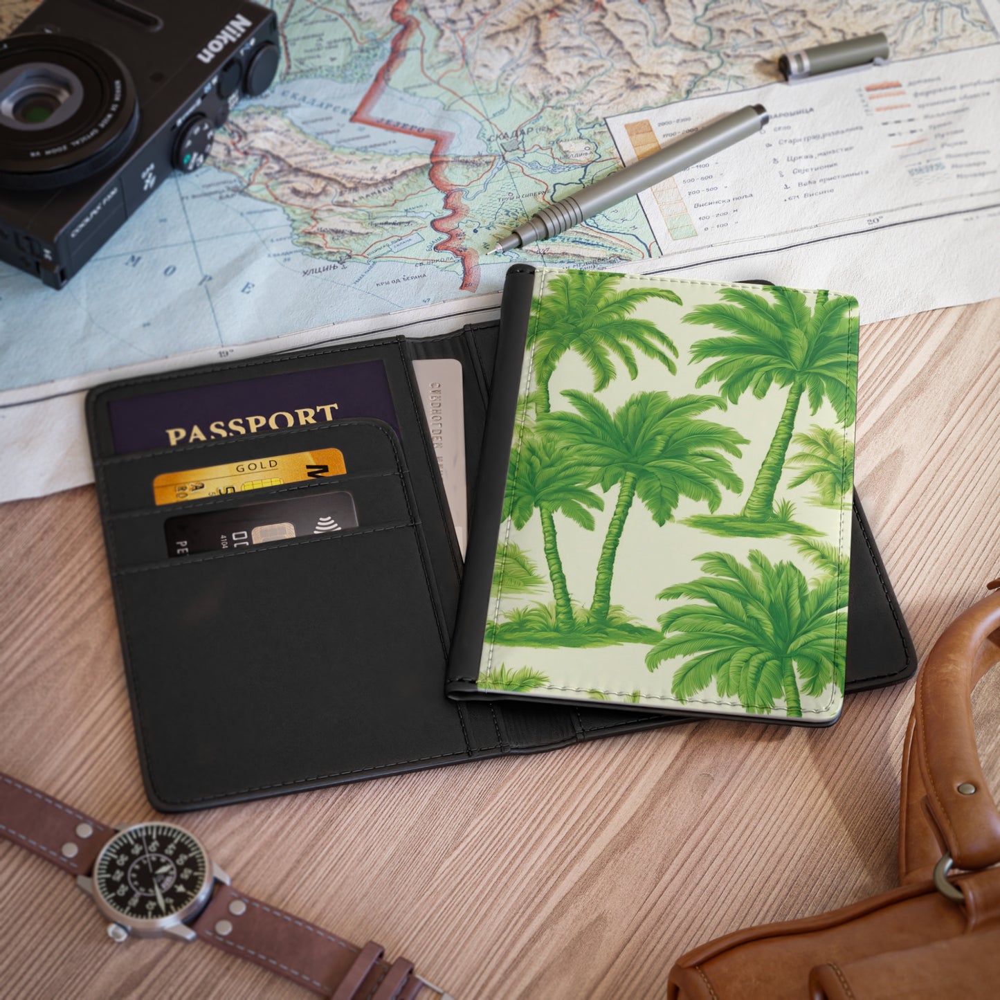 Tropical Passport Cover, Faux Leather - RFID blocking for travel security / Just Palms