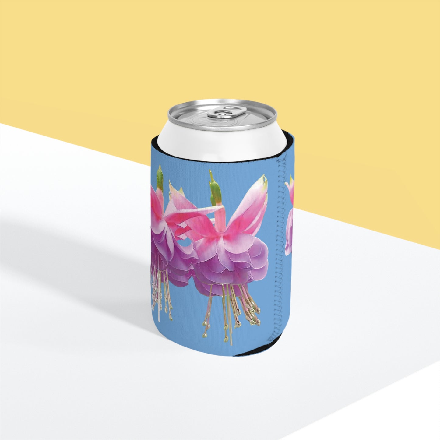 Two Pink Fuschias/Light Blue Cooler Sleeve - Perfect for Outdoor Picnics