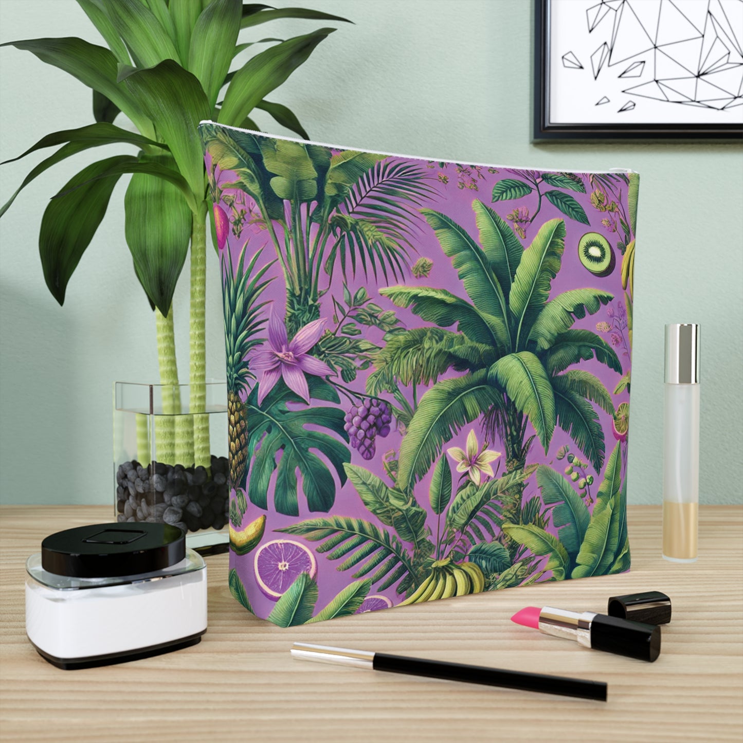 Tropical Cotton Cosmetic Bag - Makeup Pouch, 5 Sizes / More Tropical Fruit, Deep Lilac