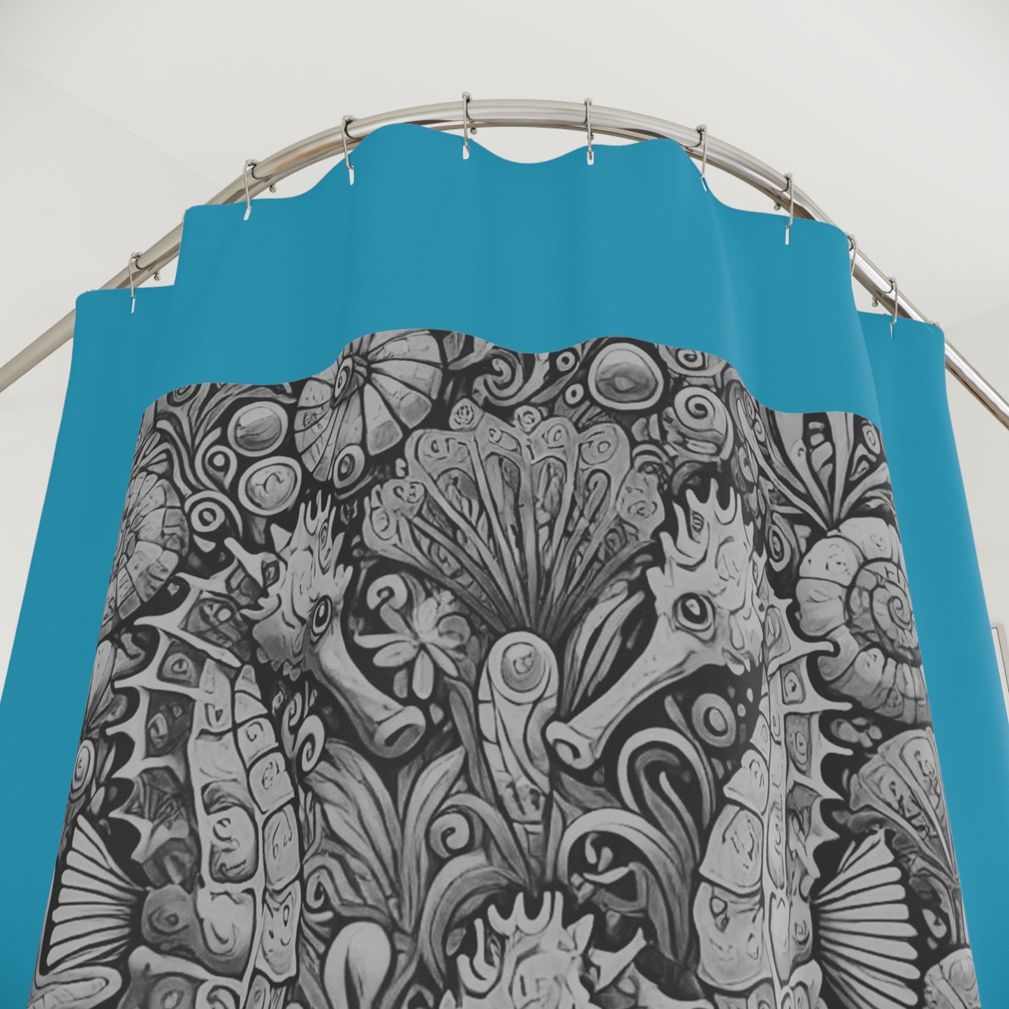 Tropical Shower Curtain - Ocean Bathroom Decor / Seahorse Trio Noir/Turquoise