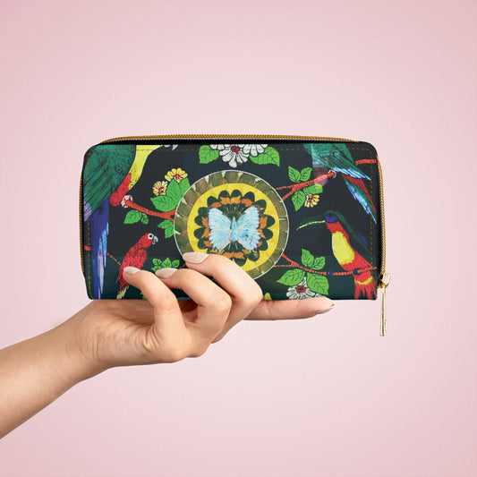Tropical Zipper Wallet, Faux Leather / Vibrant Clutch / Brazilian Real Butterfly Wing Art Tray