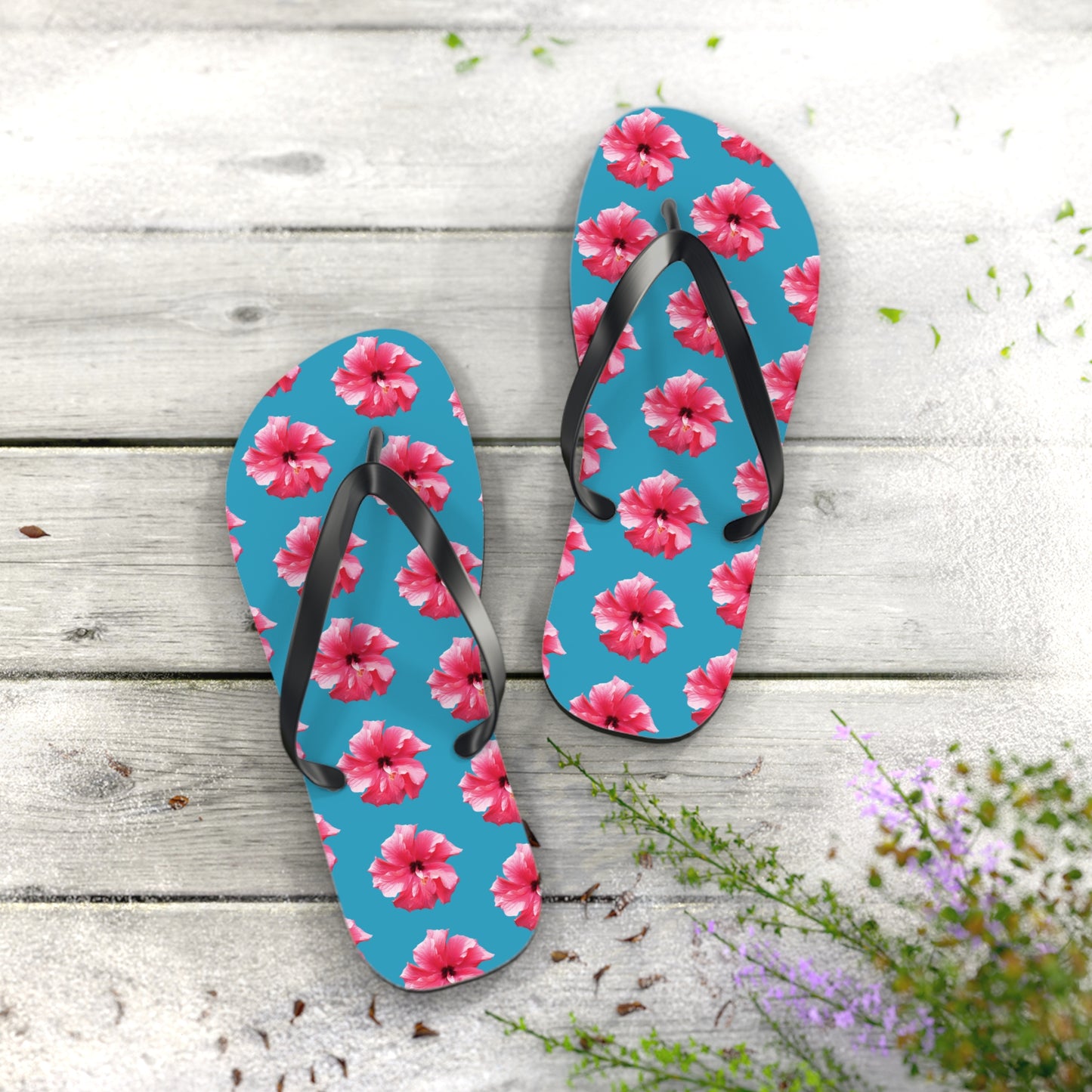 Flip Flops - Pink Hibiscus/Turquoise