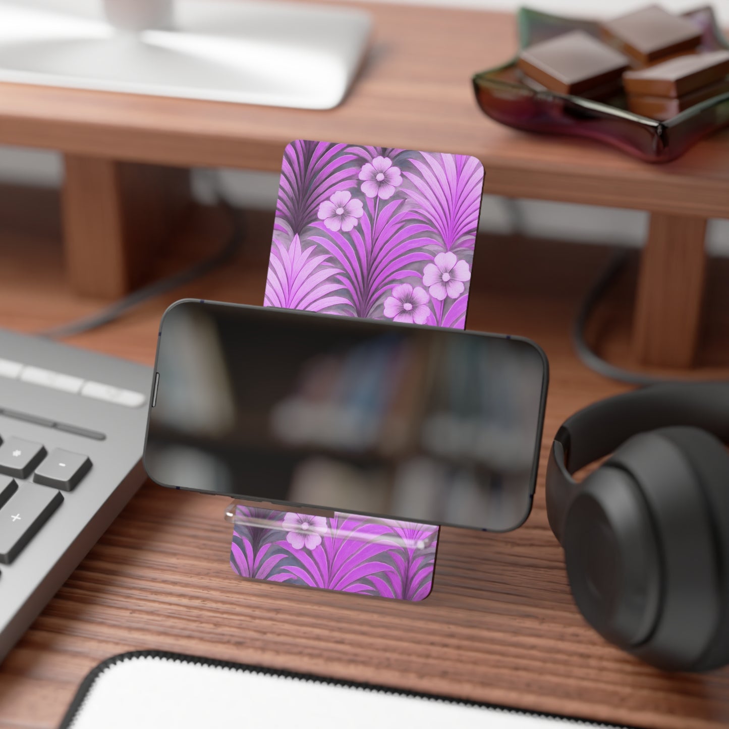 Stylish Smartphone Display Stand with Iconic Artwork - Sunrise Palms/Amethyst